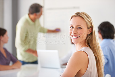 Buy stock photo Presentation meeting, business portrait and happy woman listening to sales pitch, director or manager agenda plan. Project collaboration, professional group and employee smile for brainstorming ideas