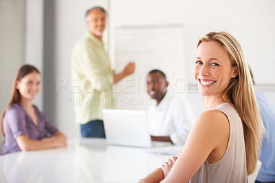 Buy stock photo Presentation meeting, business portrait or woman smile, listening and happy for sales pitch, ideas or agenda plan. Project cooperation, professional group or creative staff for solution brainstorming