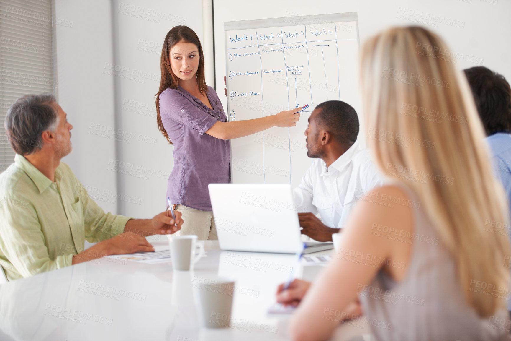 Buy stock photo Whiteboard presentation, meeting and business people, woman or mentor explain info, agenda plan or answer questions. Group planning teamwork, coach mentoring and  staff attention to schedule list