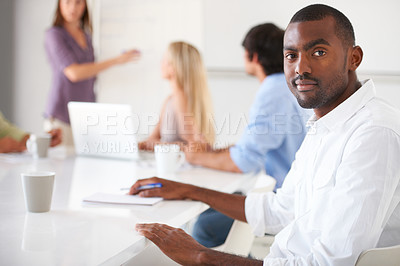 Buy stock photo Presentation meeting, business portrait and black man listening to sales pitch, client proposal or manager agenda plan. Project teamwork, ideas and professional African agent with brainstorming group