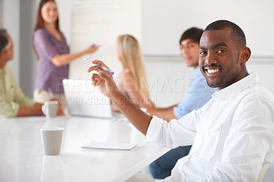 Buy stock photo Presentation question, business portrait and happy black man listening to sales pitch, proposal or negotiation meeting. Startup project workshop, smile and African agent with brainstorming idea group