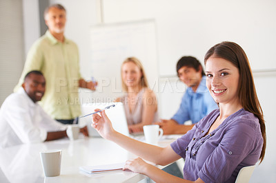 Buy stock photo Presentation meeting, business portrait and happy woman, staff or workforce for sales pitch, proposal or workshop notes. Startup project planning, smile and consultant with brainstorming idea group