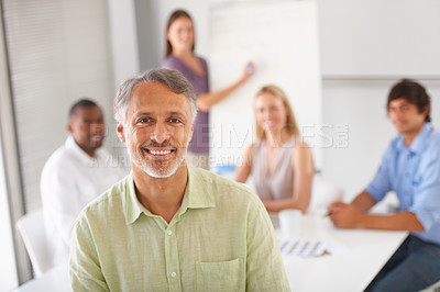 Buy stock photo Presentation meeting, business portrait and mature man smile for sales mentoring, workshop training or project management. Teamwork mentor, happiness and boss happy for employees brainstorming plan