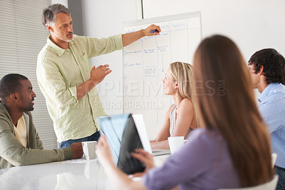 Buy stock photo Business people, presentation and manager on whiteboard for team conference in startup. Speaker, meeting and mature professional designer planning strategy or brainstorming creative idea on tablet