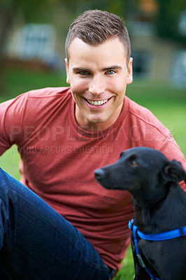 Buy stock photo Man, dog and portrait at outdoor park for bonding connection, pet training for obedience. Male person, animal and face at rescue shelter garden for happy home care, environment walk on grass field