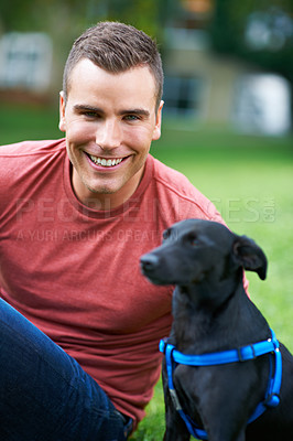 Buy stock photo Man, dog and portrait at outdoor love for bonding connection, pet training for obedience. Male person, animal and face at rescue shelter garden for happy home care, environment walk on grass field