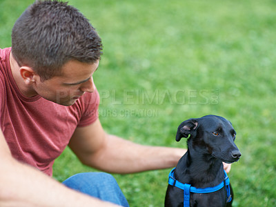 Buy stock photo Man, dog and outdoor park for bonding connection, pet health training for obedience. Male person, animal and hugging at rescue shelter garden for happy home care play, environment walk on grass field