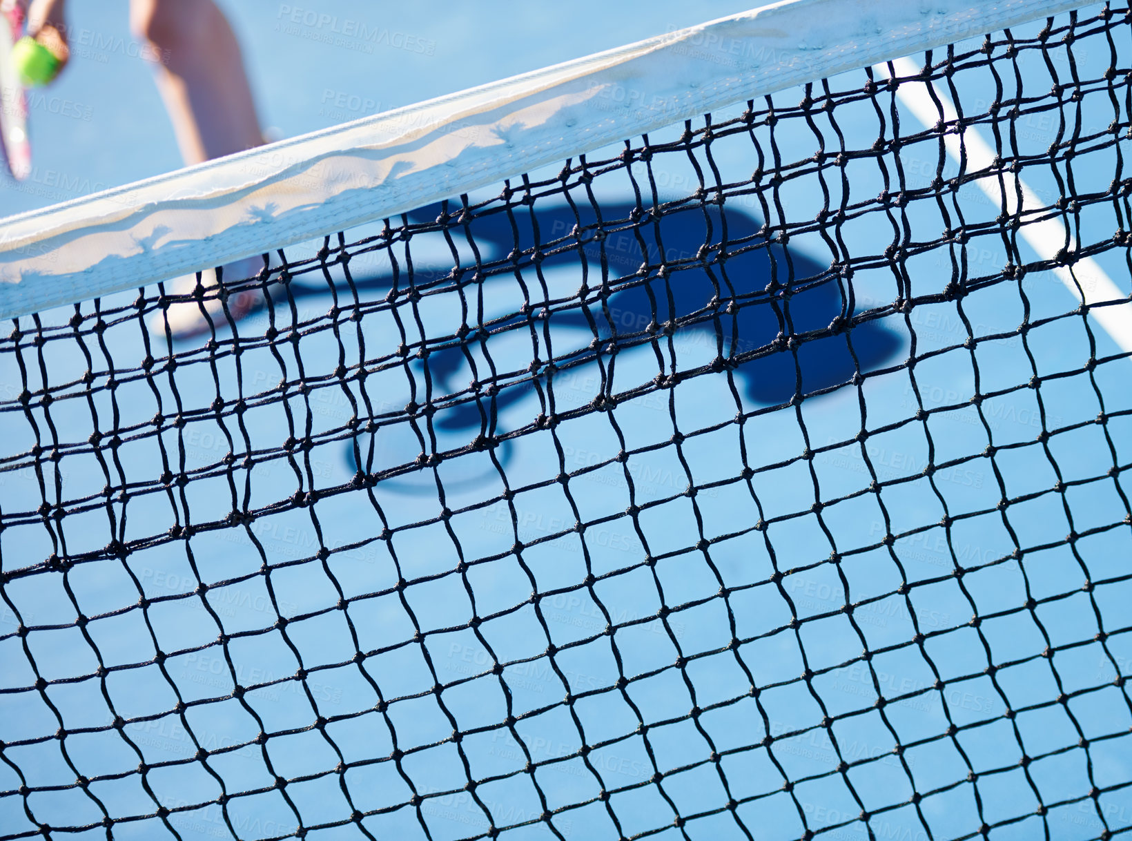 Buy stock photo Tennis court, sports or closeup of net with space for mockup, workout or playing in practice. Outdoor, equipment or athlete in training, arena or fitness exercise at game, contest or competition