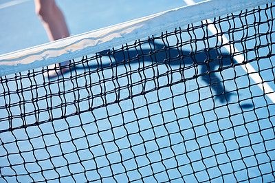 Buy stock photo Tennis court, outdoor or closeup of net with space for mockup, workout or playing in practice. Sports, equipment or athlete in training, arena or fitness exercise at game, contest or competition