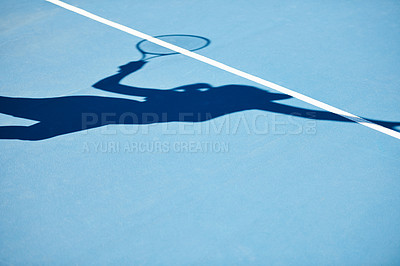 Buy stock photo Shadow, tennis and player on outdoor blue court for serving, match or game start in training or competition. Person, athlete or silhouette of ball serve, practice or sports fitness on mockup space