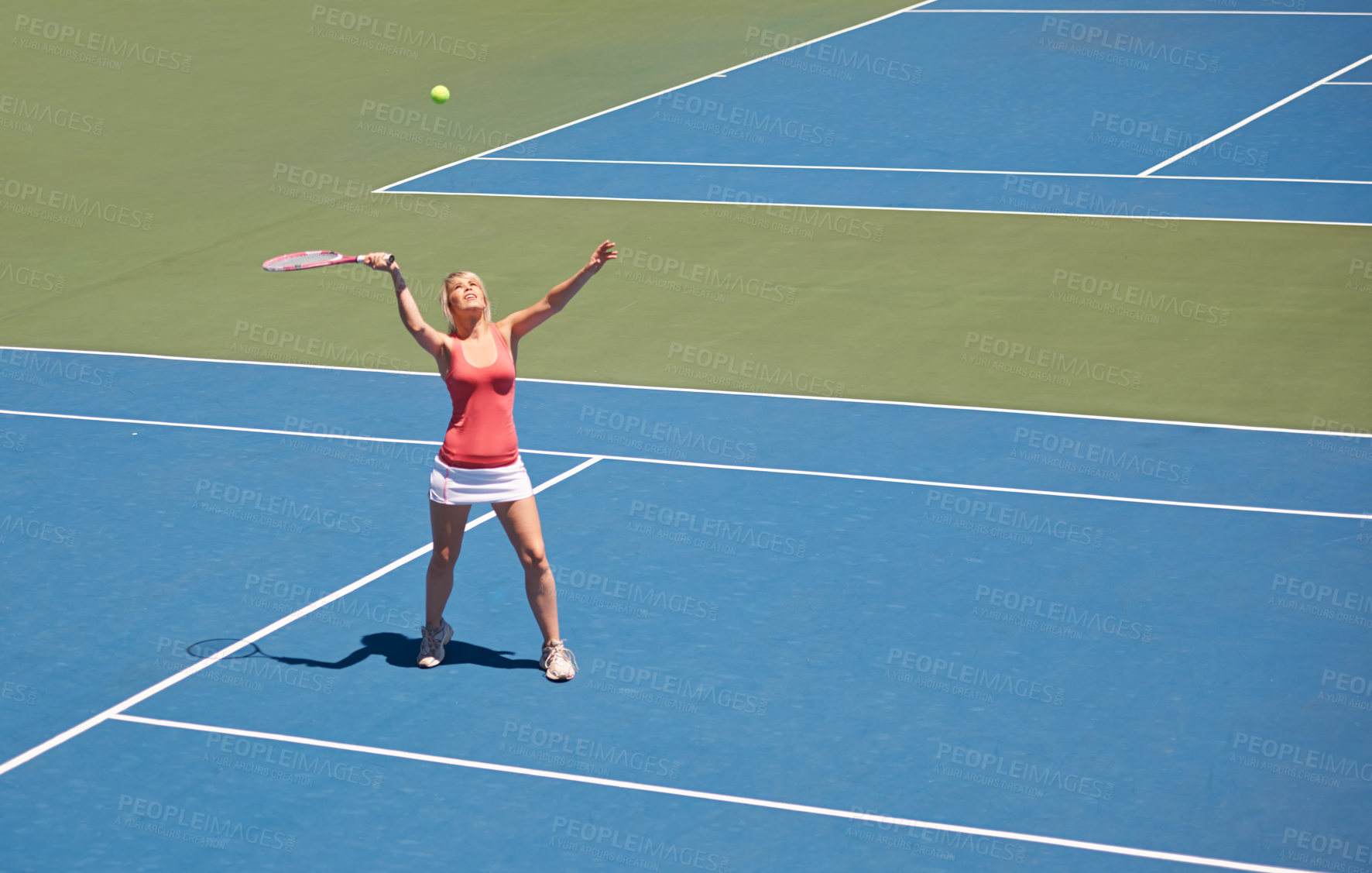 Buy stock photo Woman, serving and game of tennis on court for sport, competition and start playing with ball and racket. Athlete, training and exercise outdoor with challenge on turf in summer match and contest