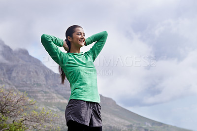 Buy stock photo Happy, hiking and woman with achievement on mountain with pride, freedom and celebration in nature on blue sky. Outdoor, fitness and person with success in environment winner and relax on hill