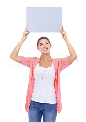 Buy stock photo Woman, blank poster and smile for mockup space in studio, paper and bulletin for announcement. Happy female person, board and placard for promotion and advertisement, news and white background