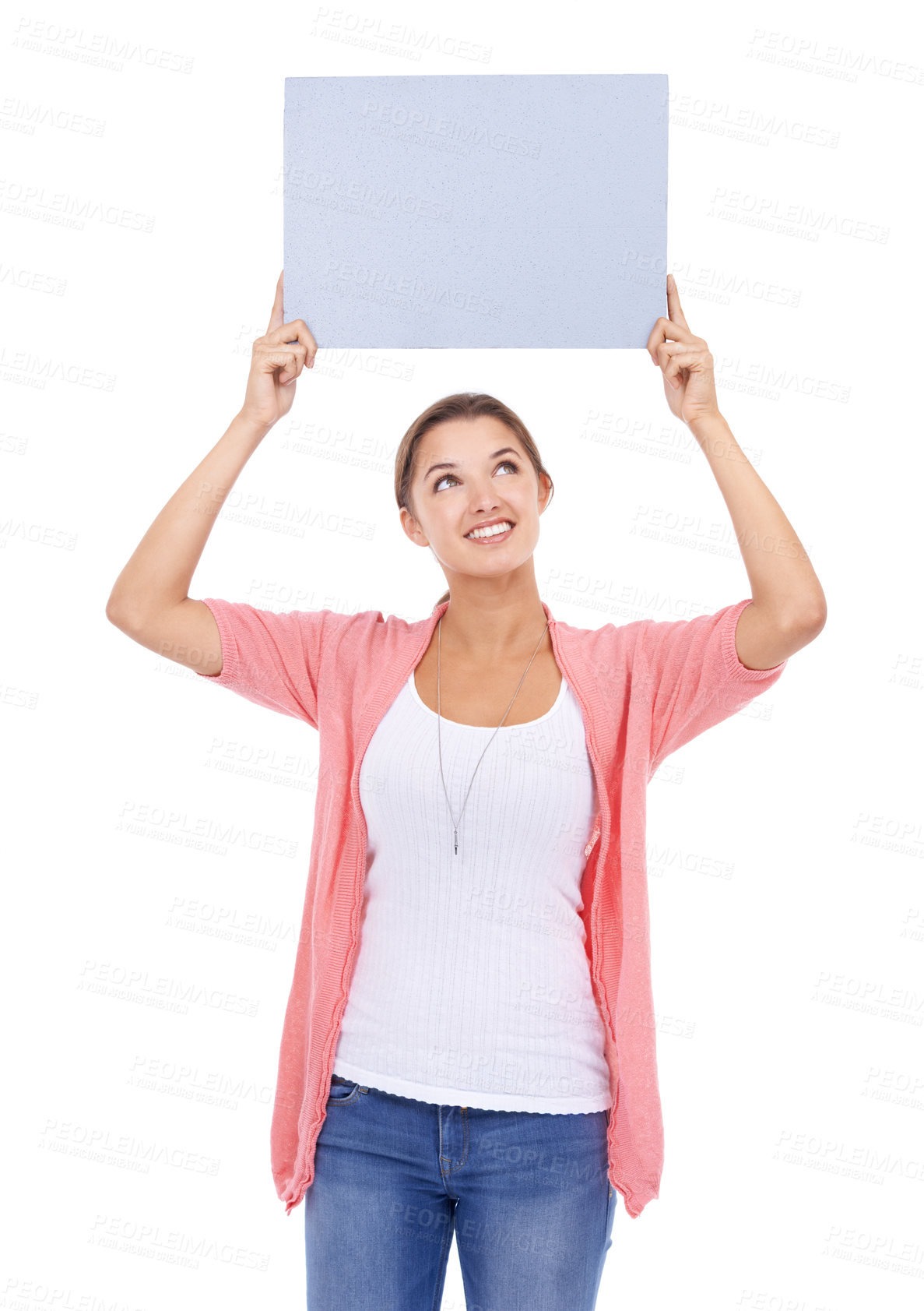 Buy stock photo Woman, blank poster and smile for mockup space in studio, paper and bulletin for announcement. Happy female person, board and placard for promotion and advertisement, news and white background