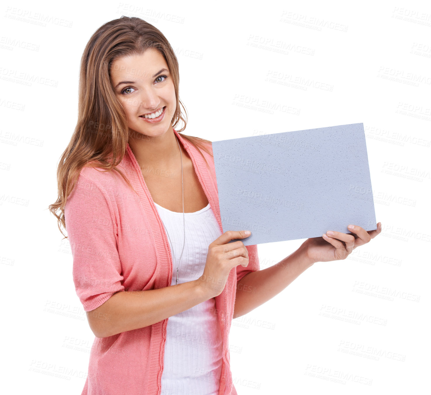 Buy stock photo Woman, blank poster and portrait by mockup space in studio, paper and bulletin for announcement. Happy female person, board and placard for promotion and advertisement, news and white background