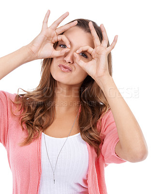 Buy stock photo Hand glasses, portrait and woman in studio with funny, silly or goofy personality on white background. Eyes, frame and face of female model with finger shape for nerd, gesture or crazy, playful mood