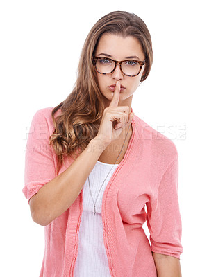 Buy stock photo Portrait, silence and woman with finger on the lips, whisper and model isolated on white studio background. Face, person and girl with noise control, privacy and shush emoji with secret and news