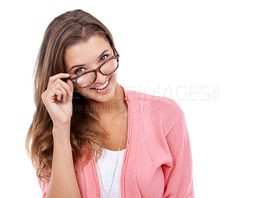 Buy stock photo Woman, portrait and glasses for vision in studio, eyecare and prescription on white background. Happy female person, ophthalmology and spectacles for eyesight, frame and optic lenses for smile