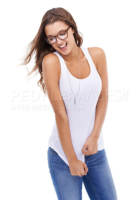 Buy stock photo Woman, fashion and designer eyewear in studio, eyecare and playful or confident on white background. Happy female person, ophthalmology and glasses for eyesight, stylish frames and lenses for support