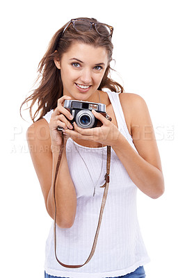 Buy stock photo Photographer, woman and portrait with retro camera in studio for photoshoot, content creation and paparazzi magazine on white background. Happy journalist, photography or lens for creative production