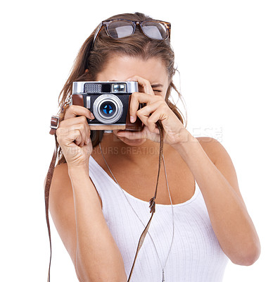 Buy stock photo Woman, photographer and retro camera in studio for creative media, content creation and paparazzi magazine on white background. Journalist, photography and lens for art production, blog or photoshoot