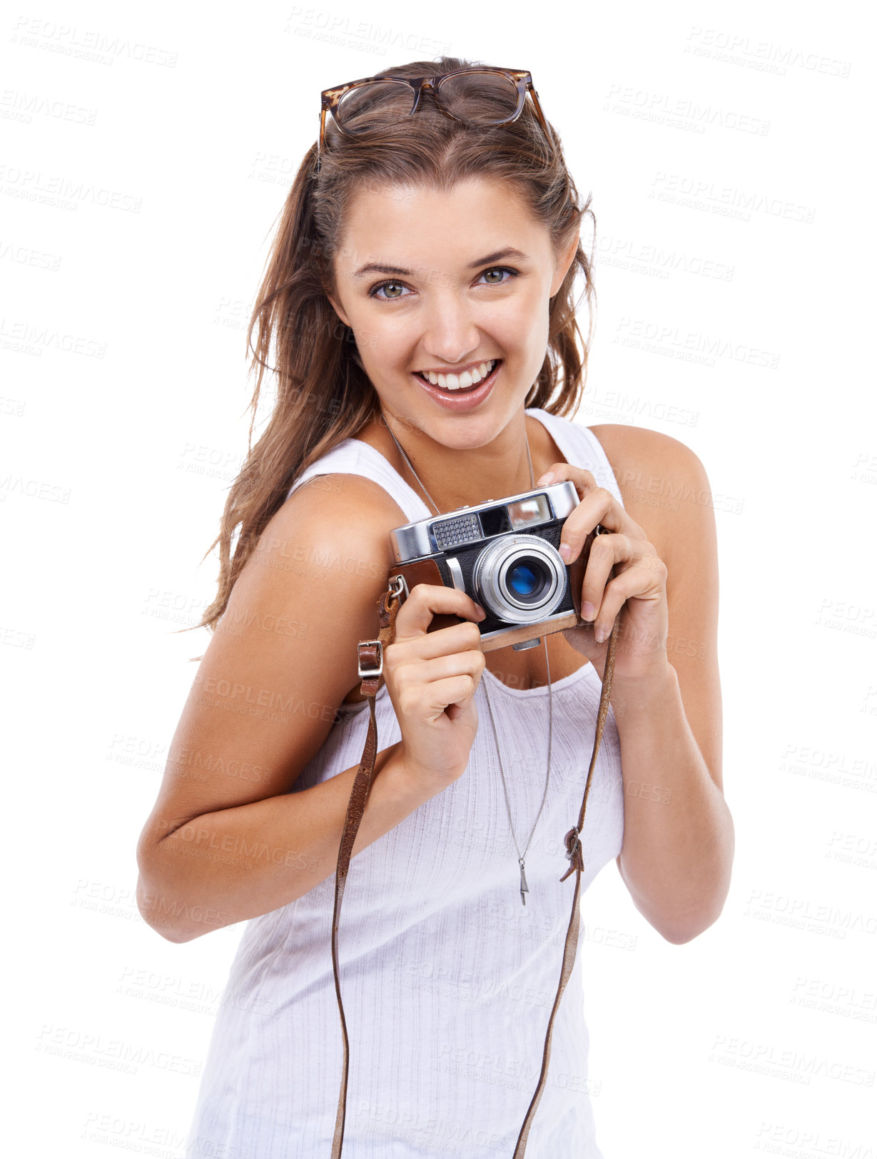 Buy stock photo Happy woman, photographer and portrait with retro camera for creative media, content creation and paparazzi magazine in studio on white background. Journalist, photography and lens for art production