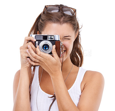 Buy stock photo Photography, woman and retro camera in studio for art production, content creation or paparazzi magazine on white background. Journalist, photographer and photoshoot for creative media, blog or hobby