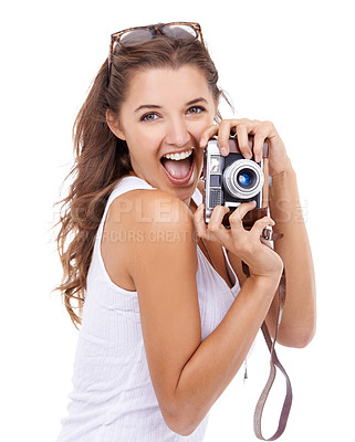 Buy stock photo Photographer, excited woman or portrait with retro camera in studio for photoshoot, content creation or paparazzi magazine on white background Happy journalist, photography or creative art production