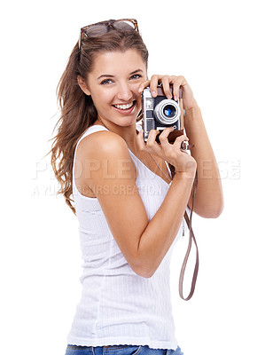 Buy stock photo Photographer, woman or portrait with retro camera in studio for photoshoot, content creation and production on white background. Happy journalist, photography or creative media for paparazzi magazine