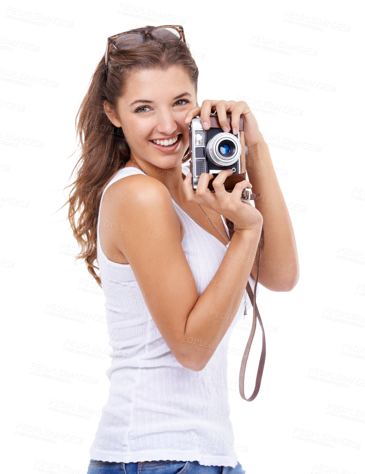 Buy stock photo Photographer, woman or portrait with retro camera in studio for photoshoot, content creation and production on white background. Happy journalist, photography or creative media for paparazzi magazine