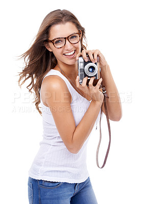 Buy stock photo Photography, portrait or happy woman with retro camera in studio for media production, content creation or art blog on white background. Journalist, photographer and photoshoot for paparazzi magazine