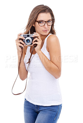 Buy stock photo Photographer, portrait or woman with retro camera in studio for multimedia production, photoshoot and art blog on white background. Journalist, photography and content creation for paparazzi magazine