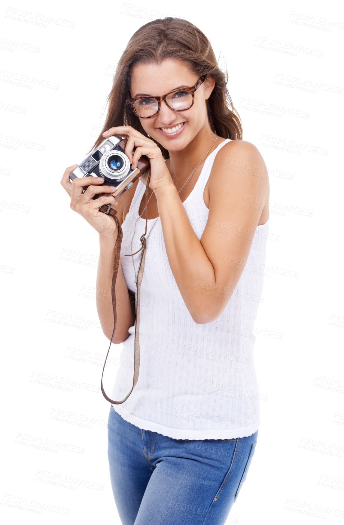 Buy stock photo Photographer, happy woman and retro camera in studio for creative photoshoot, art blog and media production on white background. Portrait, journalist and photography for content creation of magazine