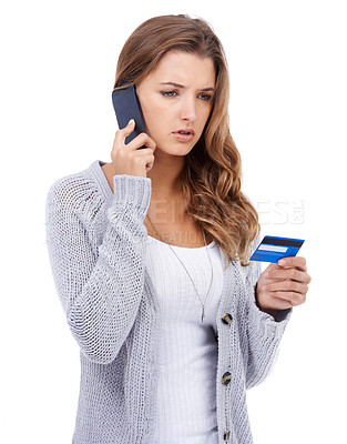 Buy stock photo Woman, credit card and phone call for ecommerce, stress and online payment for purchase in studio. Female person, confusion and transaction on technology, customer experience and white background