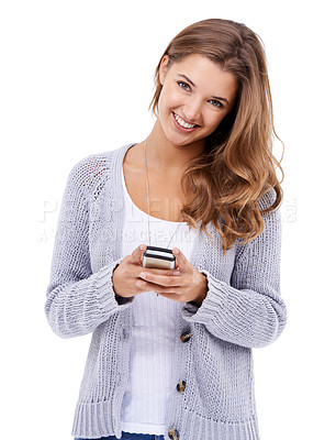 Buy stock photo Woman, portrait and smartphone for social media in studio, mobile app and scrolling on website. Happy female person, communication and typing on technology, online conversation and white background