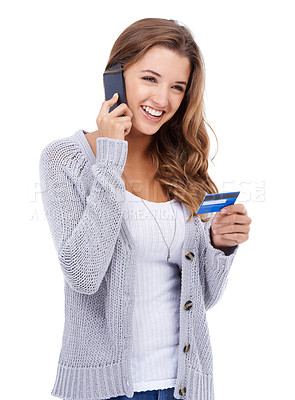Buy stock photo Woman, credit card and phone call for transaction, investment and online payment for purchase in studio. Female person, ecommerce and promotion on technology, customer experience and white background
