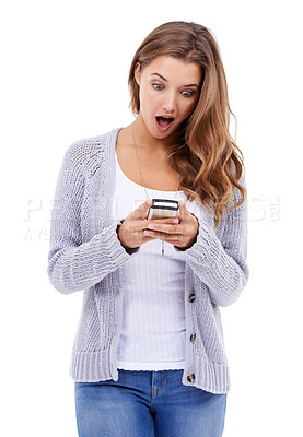 Buy stock photo Wow, surprise and woman with phone in studio for social media, notification or hacker alert on white background. Smartphone, omg and female model with app for unexpected text, message or fake news