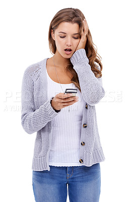 Buy stock photo Confused, stress and woman with phone in studio for social media, notification or hacker on white background. Smartphone, anxiety and female model with app alert for cybersecurity fail, 404 or glitch