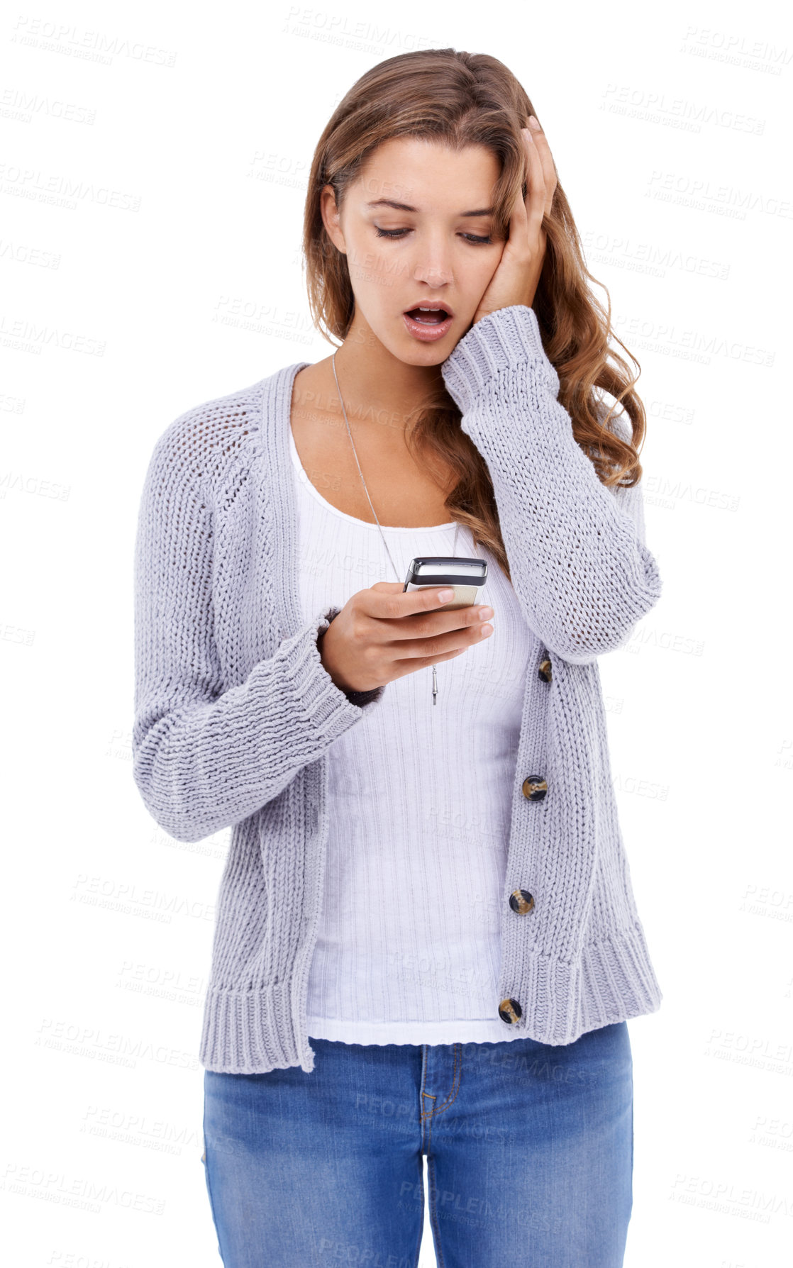 Buy stock photo Confused, stress and woman with phone in studio for social media, notification or hacker on white background. Smartphone, anxiety and female model with app alert for cybersecurity fail, 404 or glitch