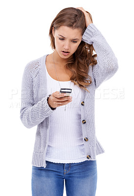 Buy stock photo Stress, confused and woman with phone in studio for social media, notification or hacker on white background. Smartphone, anxiety and female model with app alert for cybersecurity fail, 404 or glitch
