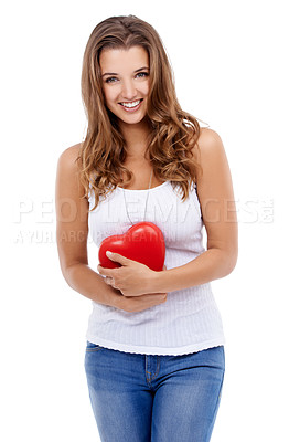 Buy stock photo Woman, portrait and heart for love in studio, smiling and confidence with emoji on white background. Female person, happy and symbol for romance on valentines day, support and peace or kindness