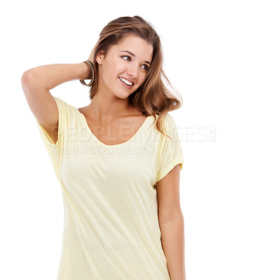 Buy stock photo An attractive young woman looking away against a white background