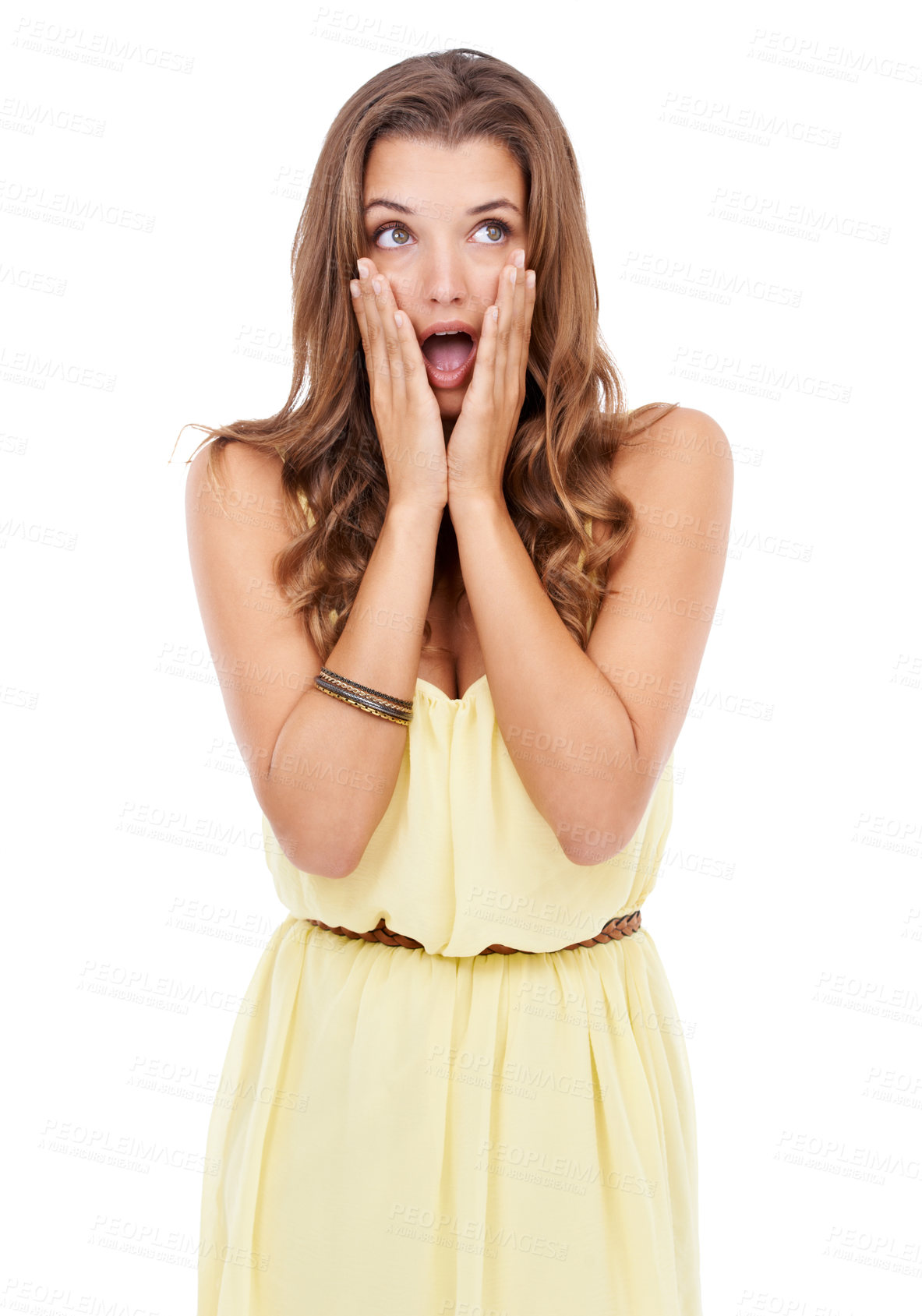 Buy stock photo Attractive young woman standing with a shocked expression on isolated background