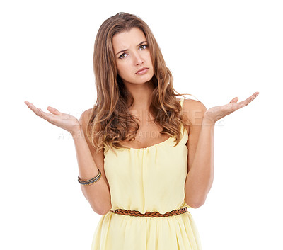 Buy stock photo Portrait of woman, confused with hands out and questions isolated on white background. Why, doubt and gen z girl with problem, frustrated gesture and  in studio.