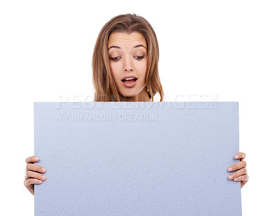 Buy stock photo Woman, surprise or mockup on poster isolated on white background for news, sale or promotion. Wow, studio or model with shock or empty space for advertising, presentation or sign for discount deal