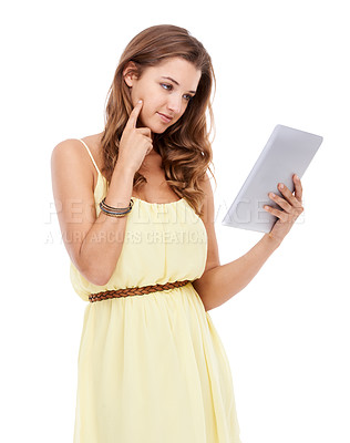 Buy stock photo Young woman, thinking or tablet in studio, social media or networking by information on internet. Person, idea or online subscription in streaming, student or connected to ebook by white background