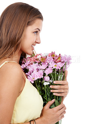 Buy stock photo A young woman holding a bouquet of fresh flowers