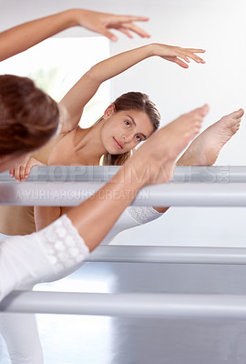 Buy stock photo Mirror, ballerina and stretching legs on barre in classroom,  practice and student exercise. Ballet, flexibility and reflection of girl training, dance choreography for art or performance for fitness