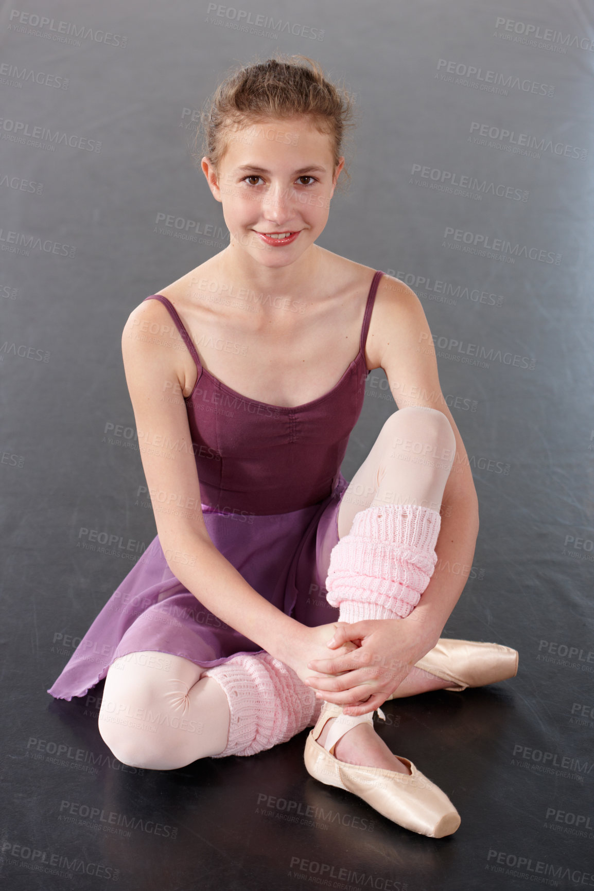 Buy stock photo Portrait, ballerina and happy girl on floor in studio to practice, student exercise or education. Ballet, young teenager and training, dance choreography or art performance class at school in Canada