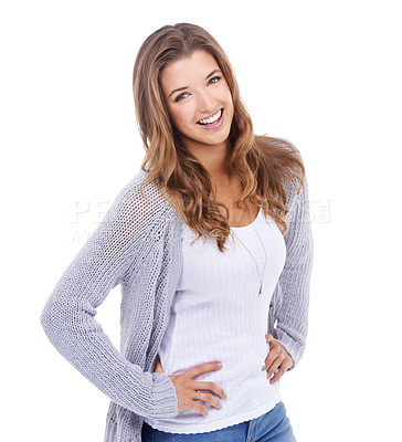 Buy stock photo Woman, clothes and pride in studio portrait, smile and confidence for trendy fashion on white background. Female person, face and happy for beauty, satisfaction and positive attitude for style